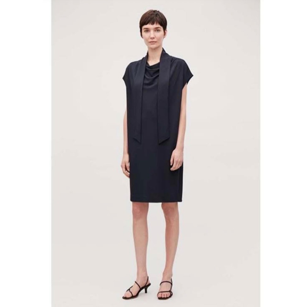 COS Scarf Neck Shift Dress Women Medium Navy Blue Minimalist Lagenlook oversized